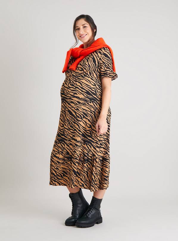 MATERNITY Brown Zebra Print Crinkle Midi Dress 10